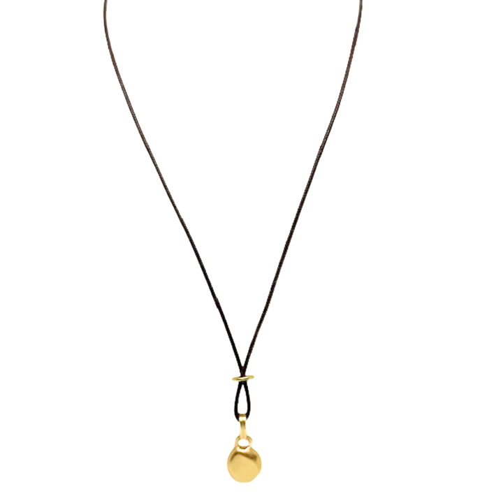 Matte Gold Nugget Charm On Criss Cross Chocolate Waxed Linen 16" Necklace