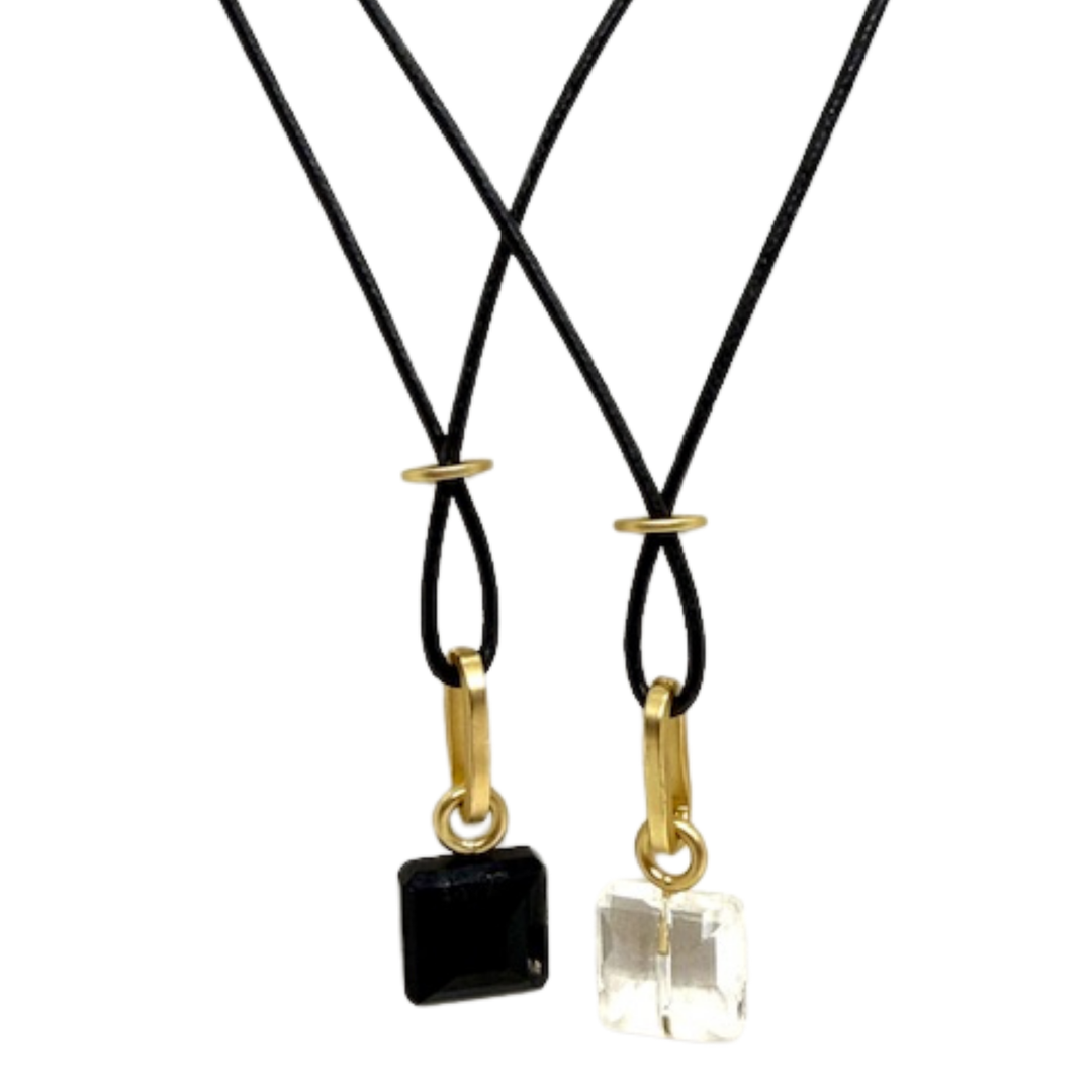 Square Clear Crystal On Black Linen Cord
