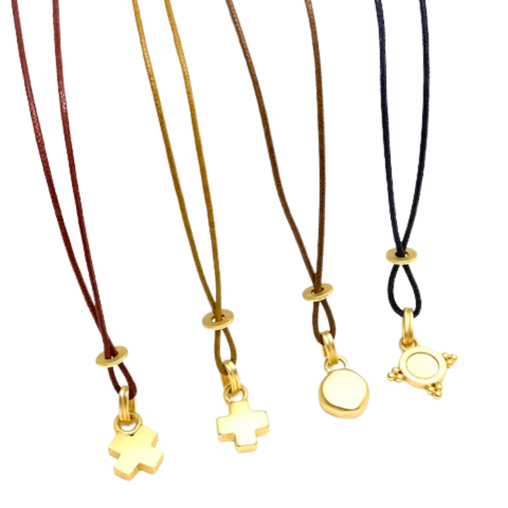 Matte Gold Kiss Charm Crisscross Natural Waxed Linen 16" Necklace