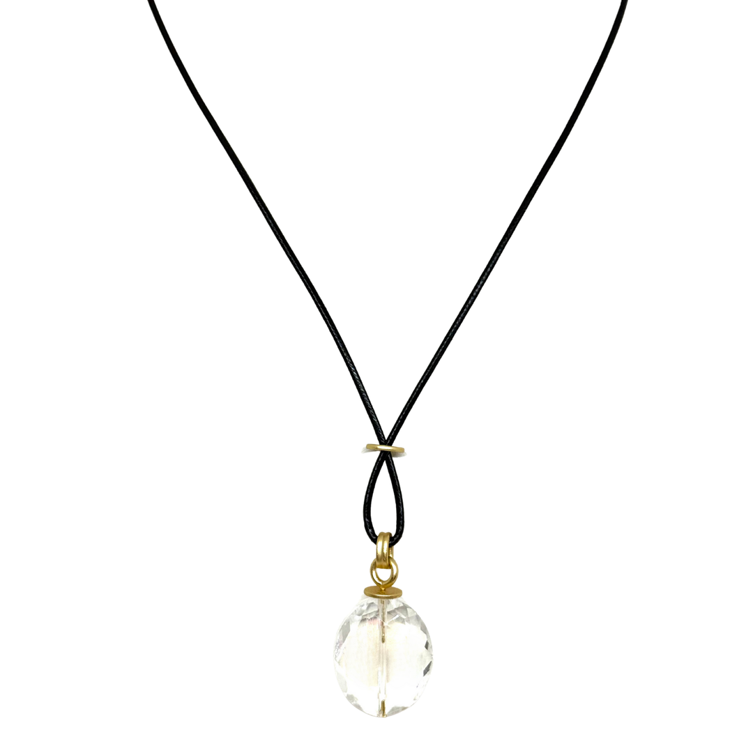 Large Clear Oval Crystal on Black Linen Necklace