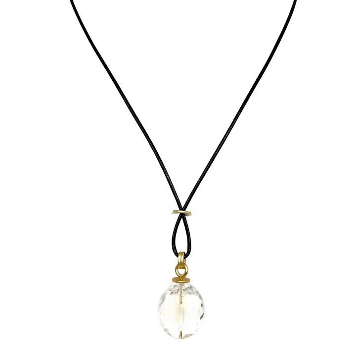 Large Clear Oval Crystal on Black Linen Necklace