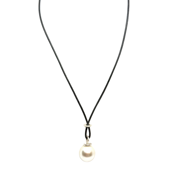 Large Pearl With Criss Cross Design On Grey Linen Cord