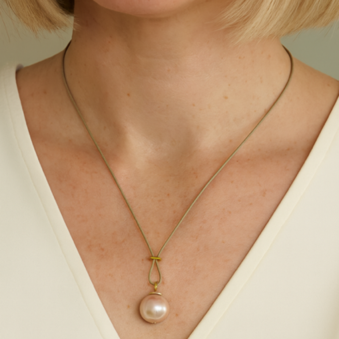 Large Pearl With Criss Cross Design On Grey Linen Cord