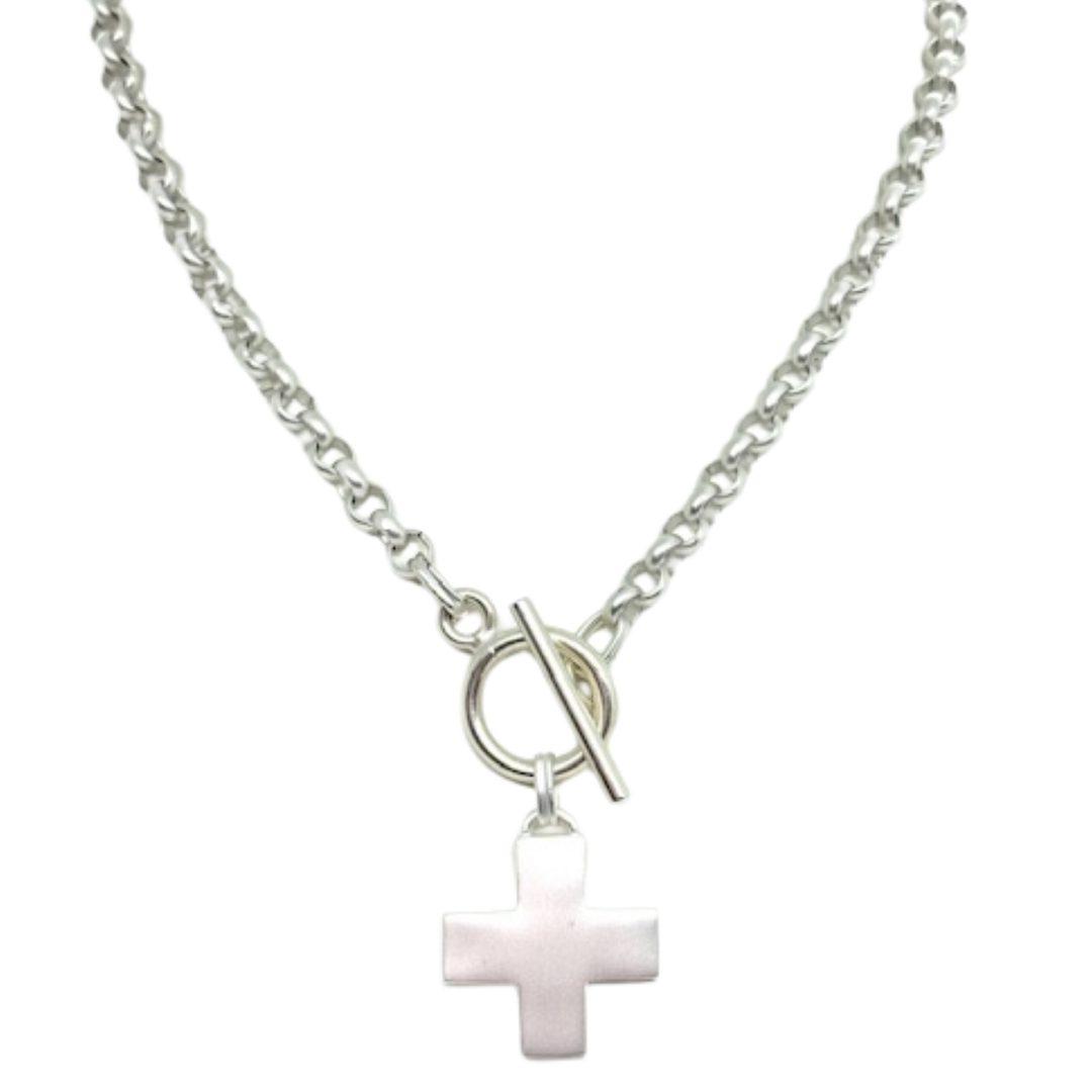 Matte Silver Cross on Matte Silver Rolo Chain