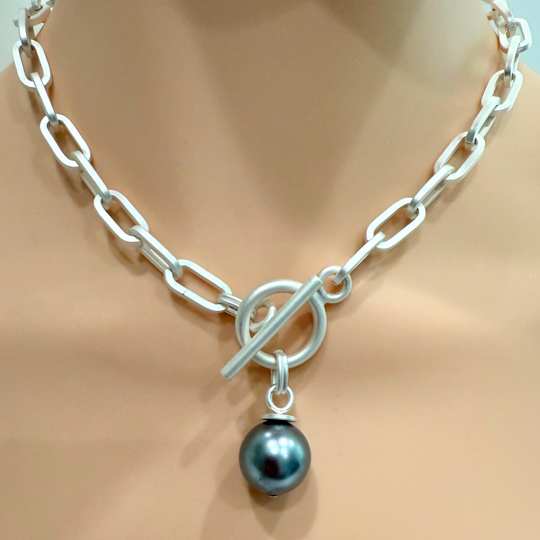 Matte Silver Paperclip Chain With Grey Bubble Pearl Pendant