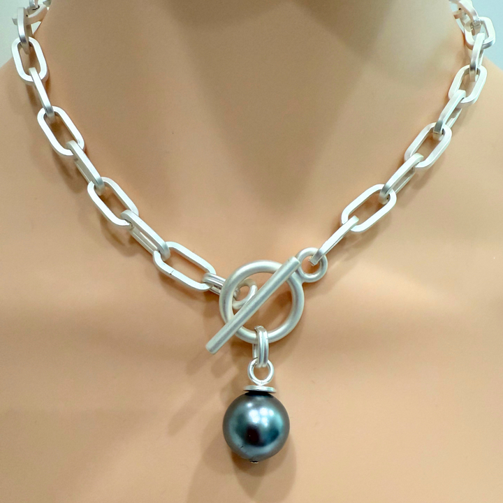 Matte Silver Paperclip Chain With Grey Bubble Pearl Pendant