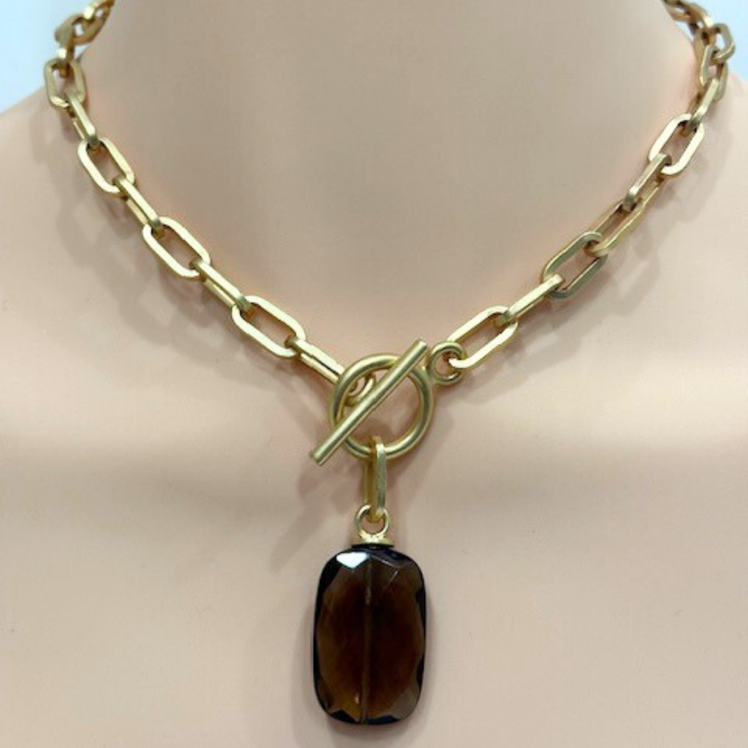 Rectangle Smoke Topaz Pendant on Matte Gold Paperclip Chain