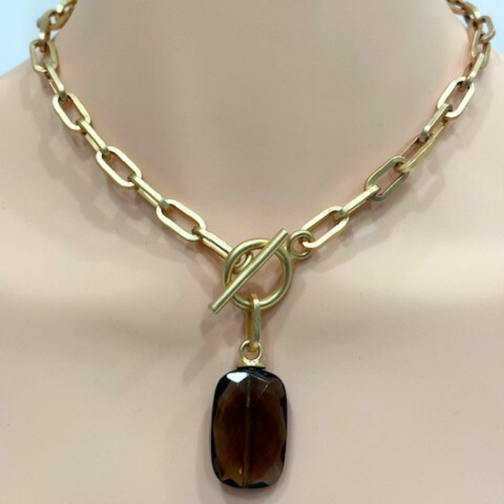 Rectangle Smoke Topaz Pendant on Matte Gold Paperclip Chain