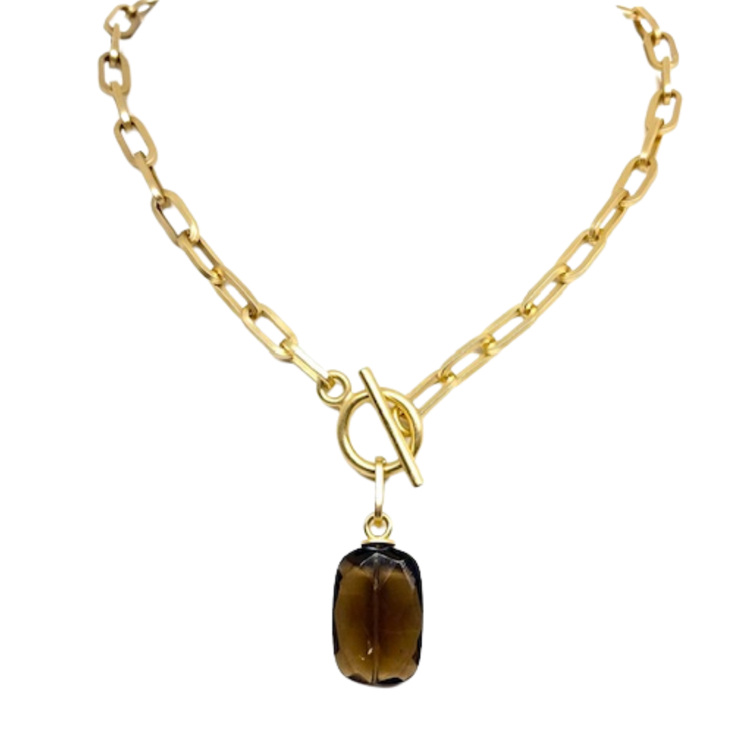 Rectangle Smoke Topaz Pendant on Matte Gold Paperclip Chain