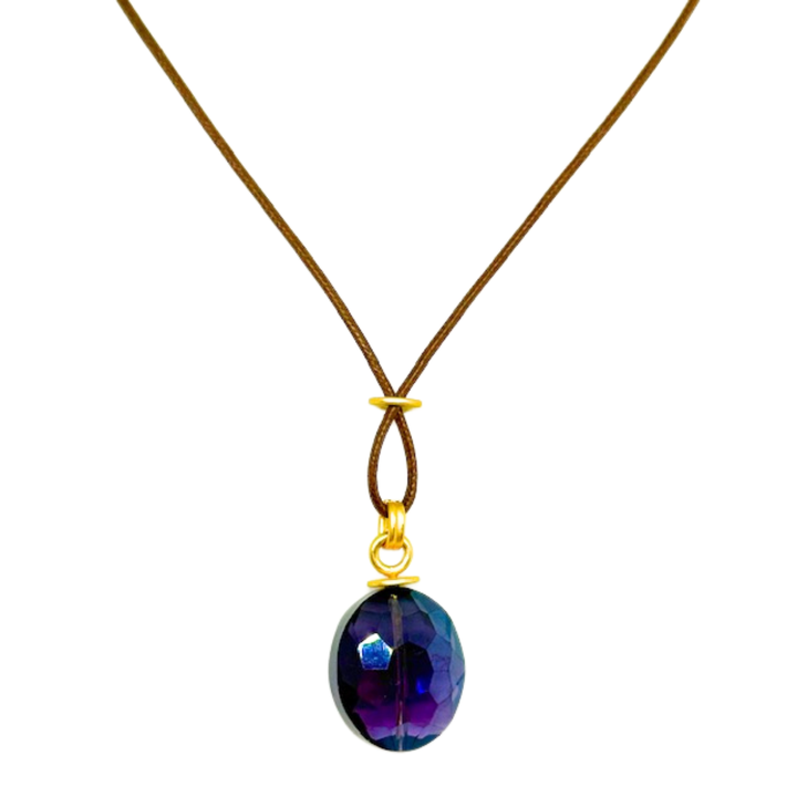 Large Purple Oval Crystal on Bronze Linen Necklace