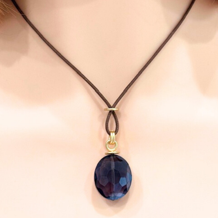 Large Black Oval Crystal on Black Linen Necklace
