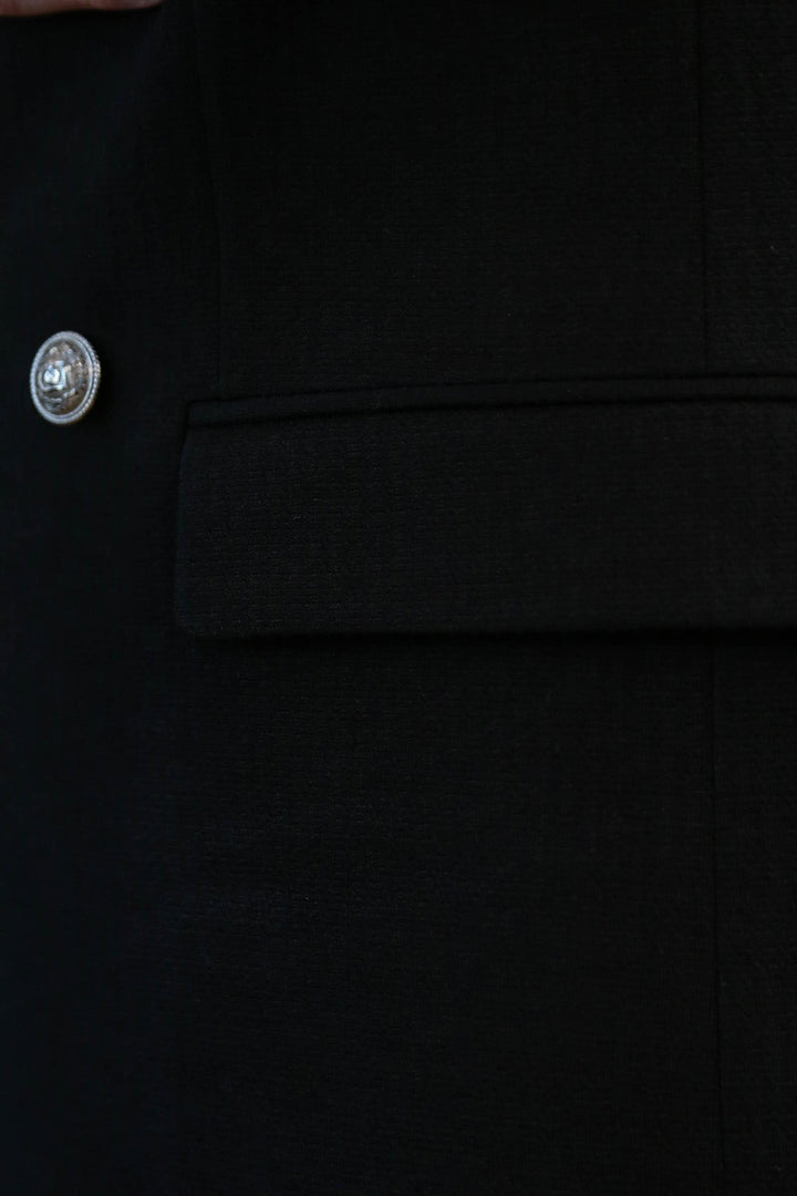 Black Solid Slim Fit Double-Breasted Blazer with Silver Metal Buttons – Wessi