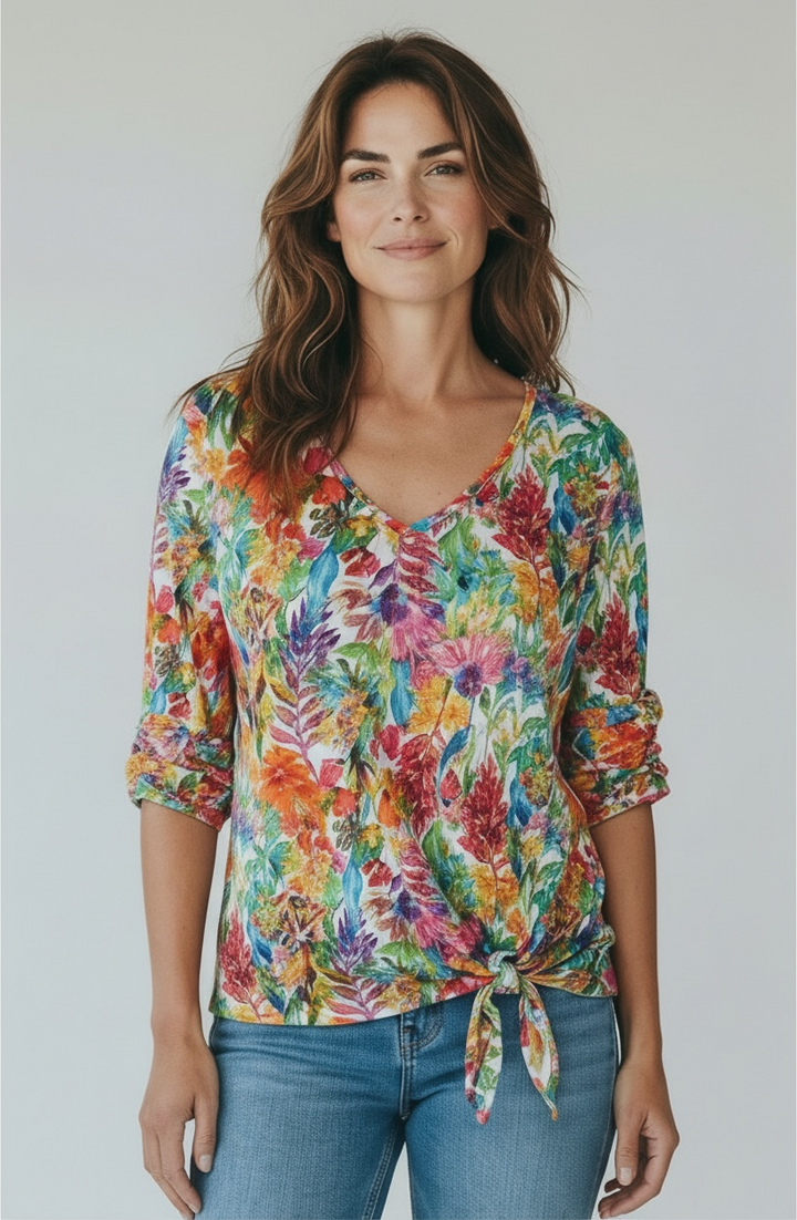 Printed Crinkle V-Neck Tie Front Top