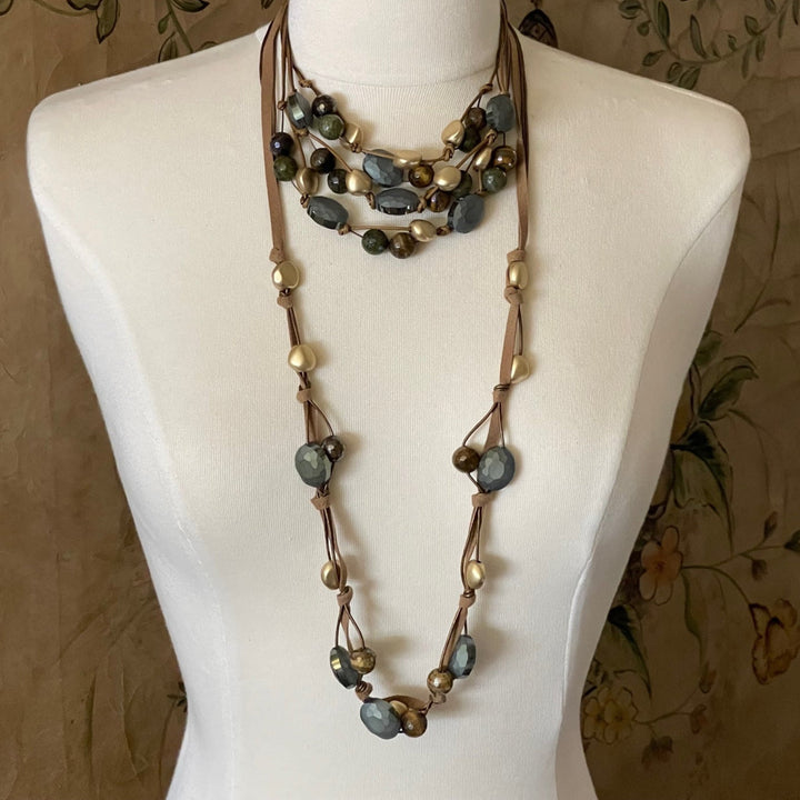 Matte Olive Crystal and Tigers Eye Long Necklace On Bronze Suede and Leather