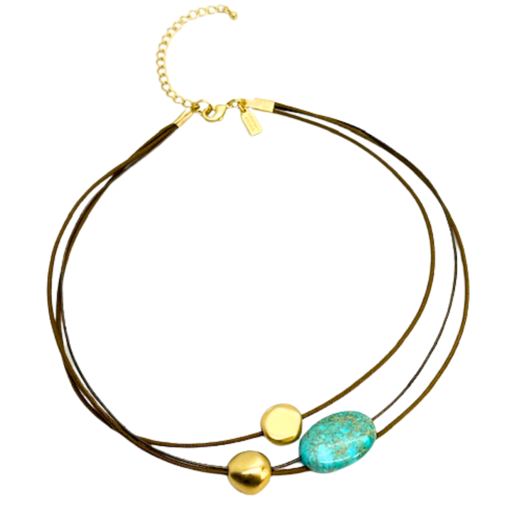 Turquoise Aqua Terra and Matte Gold Nugget Necklace on Bronze