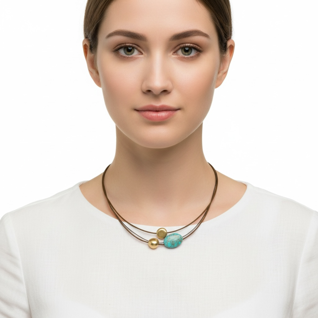 Turquoise Aqua Terra and Matte Gold Nugget Necklace on Bronze