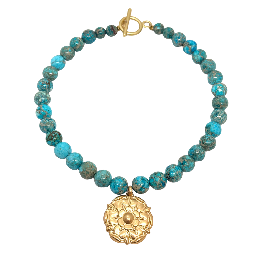 Matte Gold Flower Pendant on Turquoise Aqua Terra
