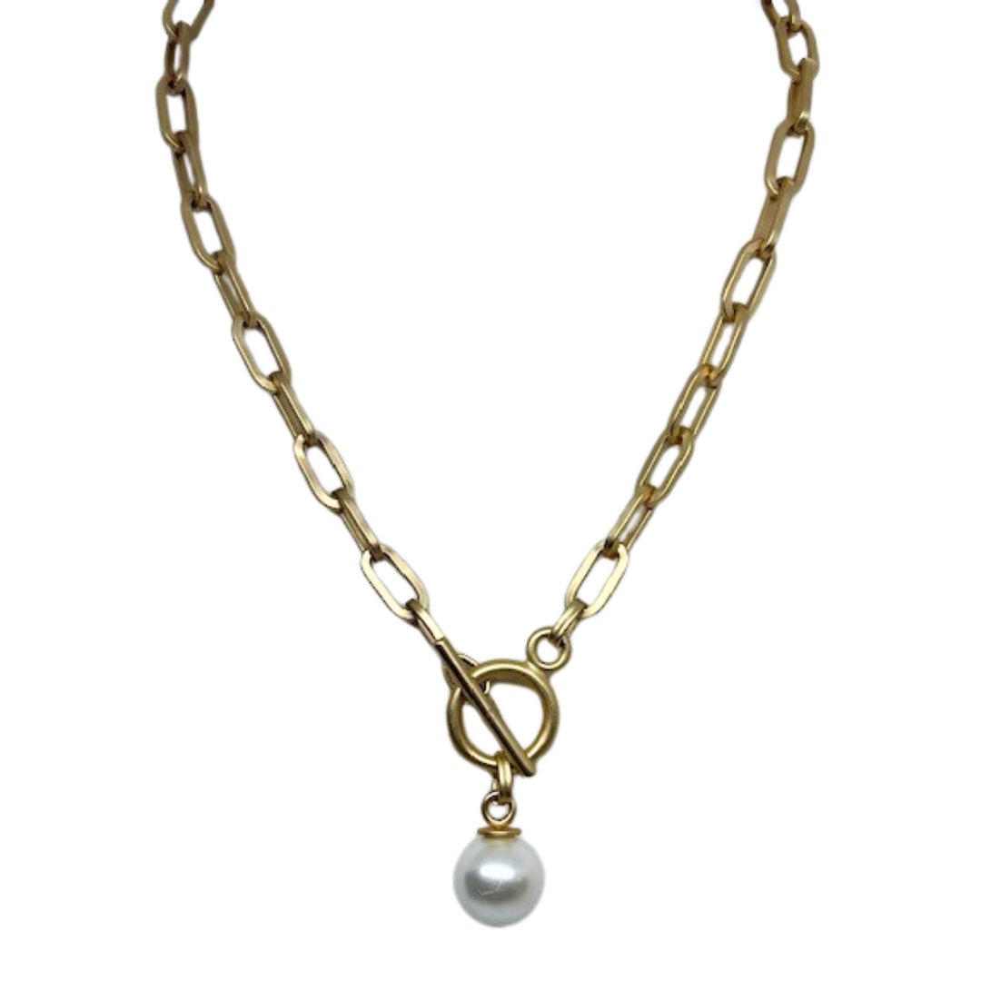 Matte Gold Paperclip Chain With White Bubble Pearl Pendant
