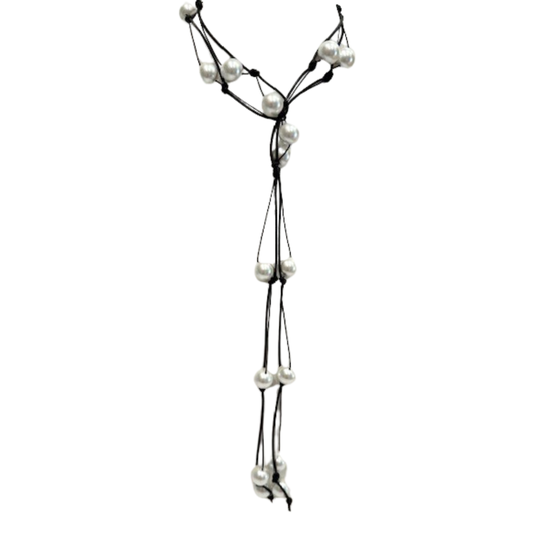 White Pearl Floating Lariat On Black