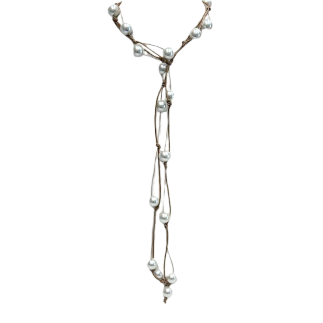 White Pearl Floating Lariat On Natural