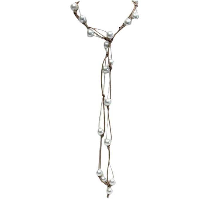 White Pearl Floating Lariat On Natural