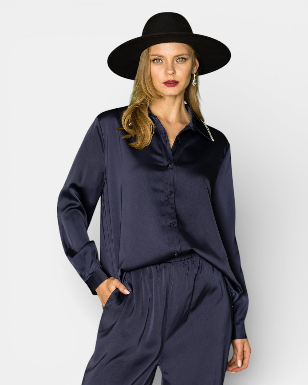 Wileene Satin Shirt with Diamond Trim 53034W / Navy / XS