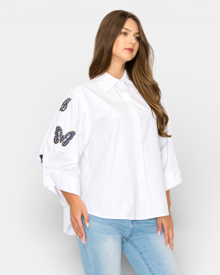 Willow Cotton Poplin Top with Butterfly Embroidery 53014W / White / XS