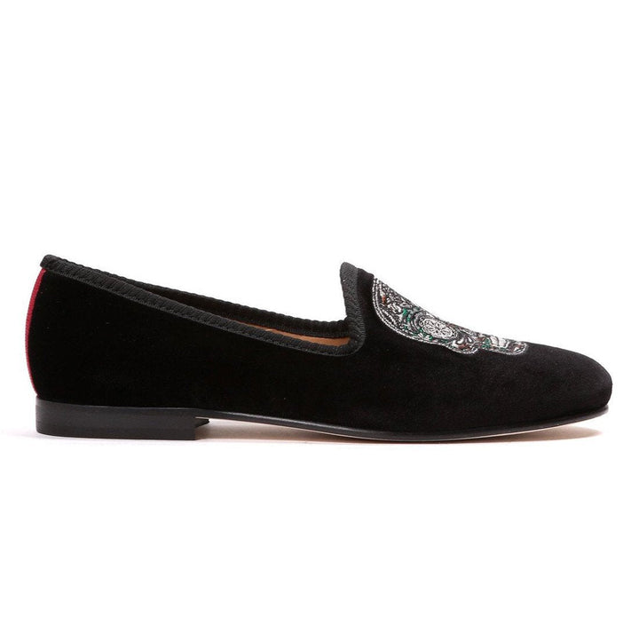 Women's Black Velvet Green Camo Skull Slipper