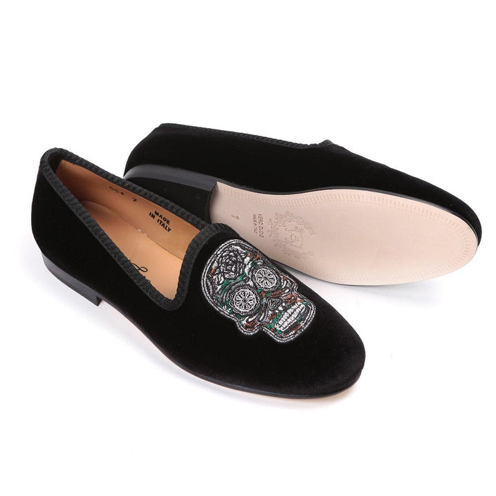 Women's Black Velvet Green Camo Skull Slipper