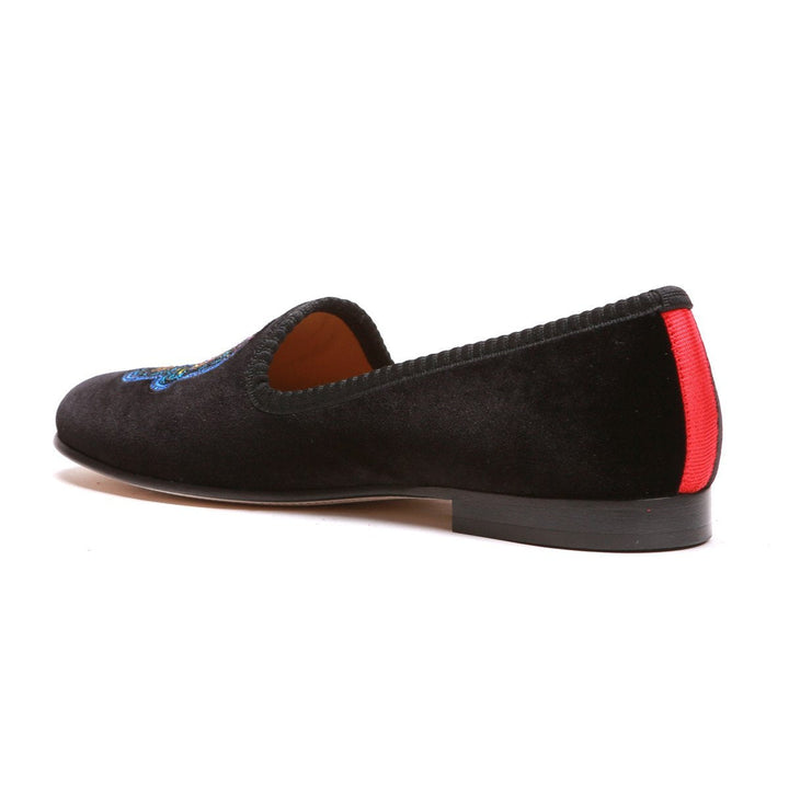 Women's Black Velvet Green Camo Skull Slipper