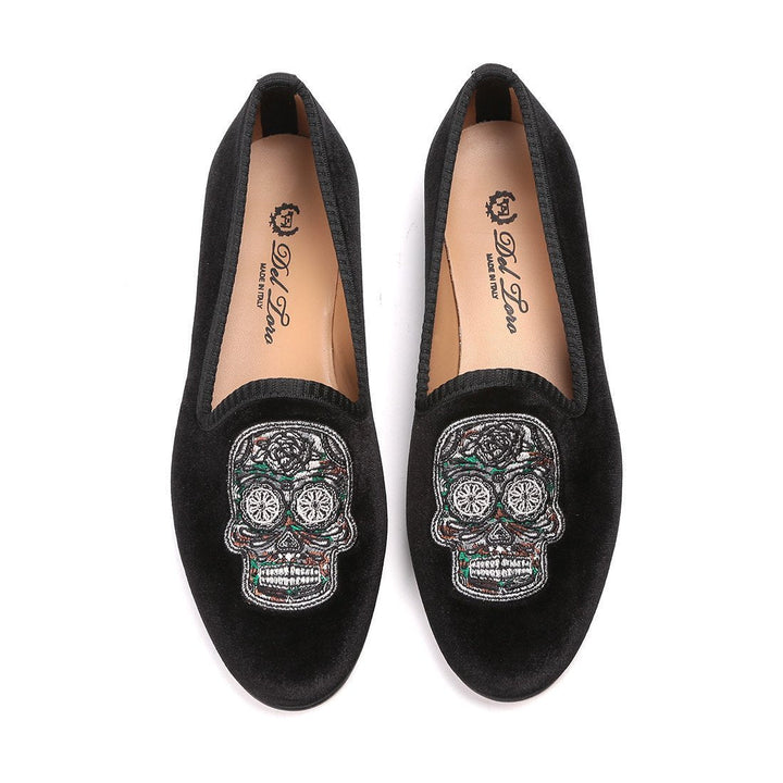 Women's Black Velvet Green Camo Skull Slipper