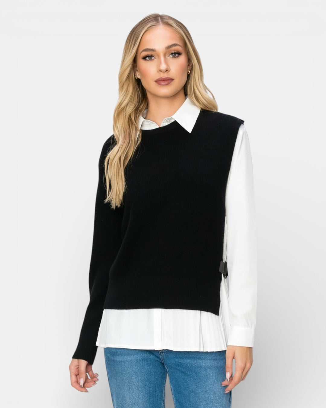 Wyatt Cotton Pleated Shirt with Knitted Sweater 53019W / Black White / XS