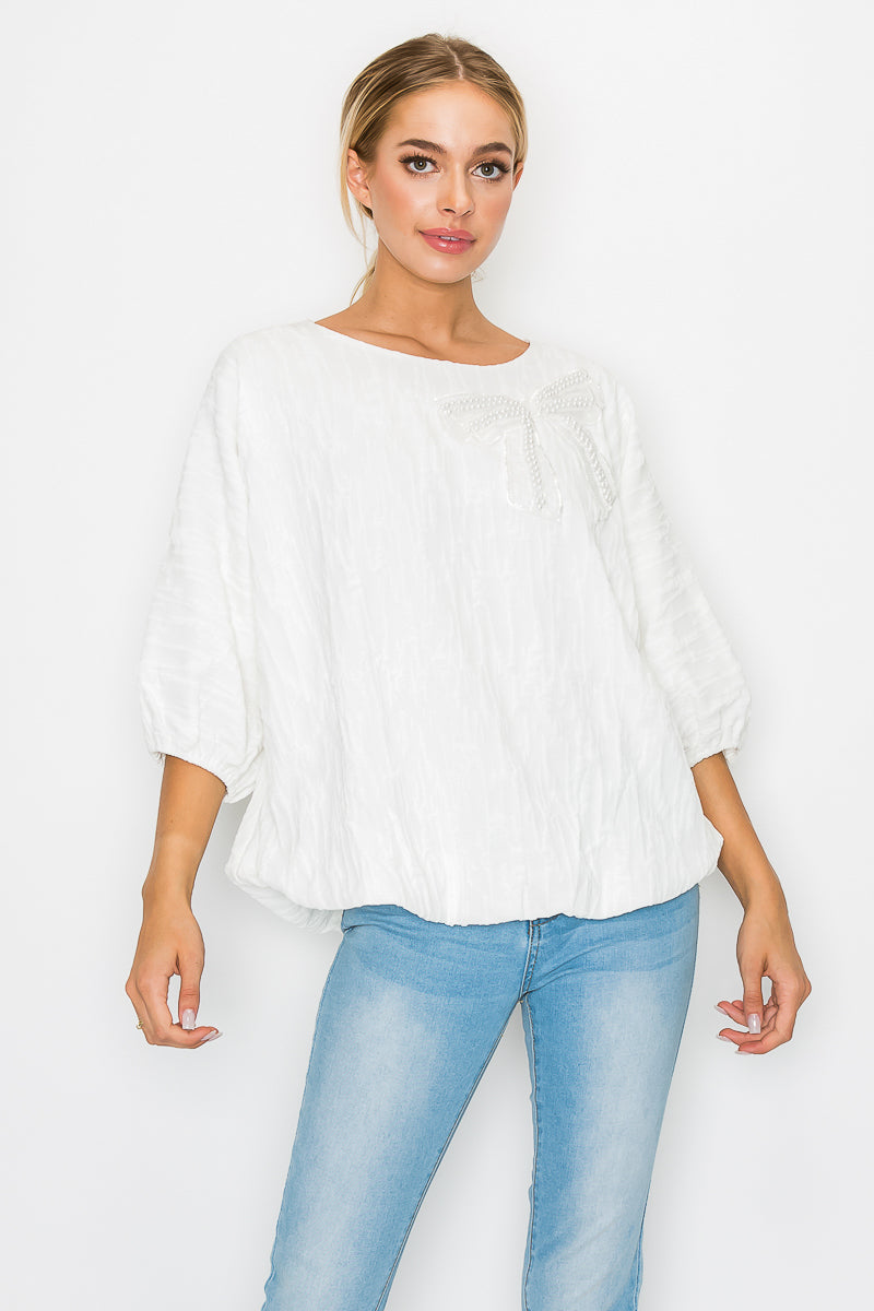 Walynn Woven Top with Pearl Ribbon Bow