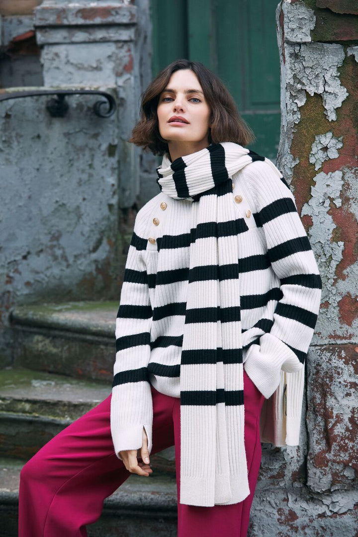 Boxy sailor stripe crew neck sweater with button detail