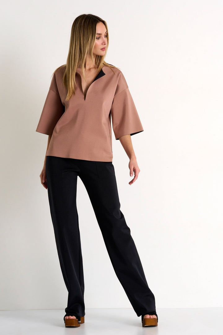 Lapel Collar Top - 52326-61-701 02 / 701 Desert Pink & Caviar / 75% POLYAMIDE, 25% ELASTANE