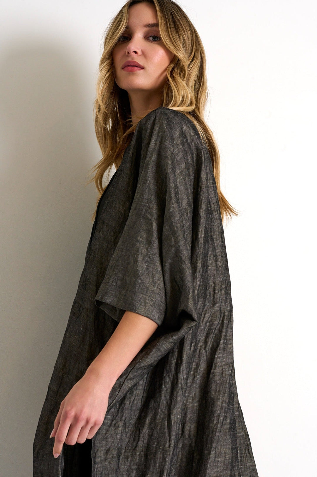 Long Textured Linen Kimono - 52338-87-160 02 / 160 Grey / 60% VISCOSE, 40% LINEN