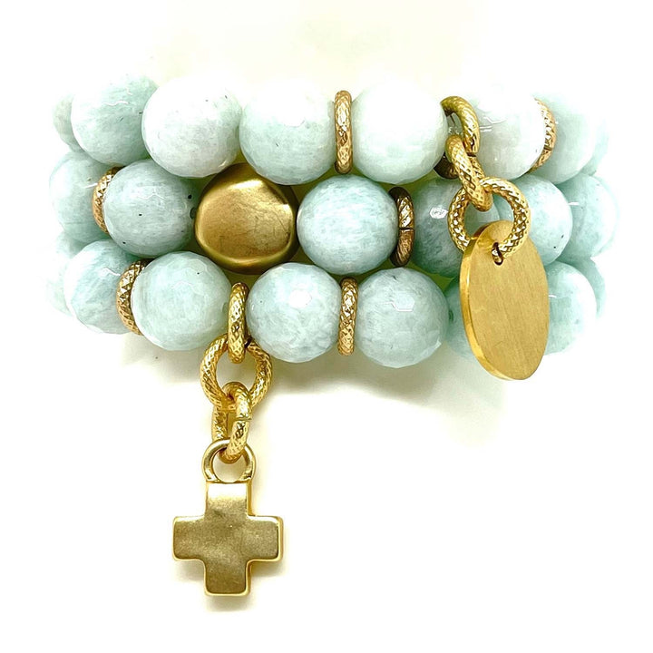 Amazonite Matte Gold Cross Charm Stretch Bracelet