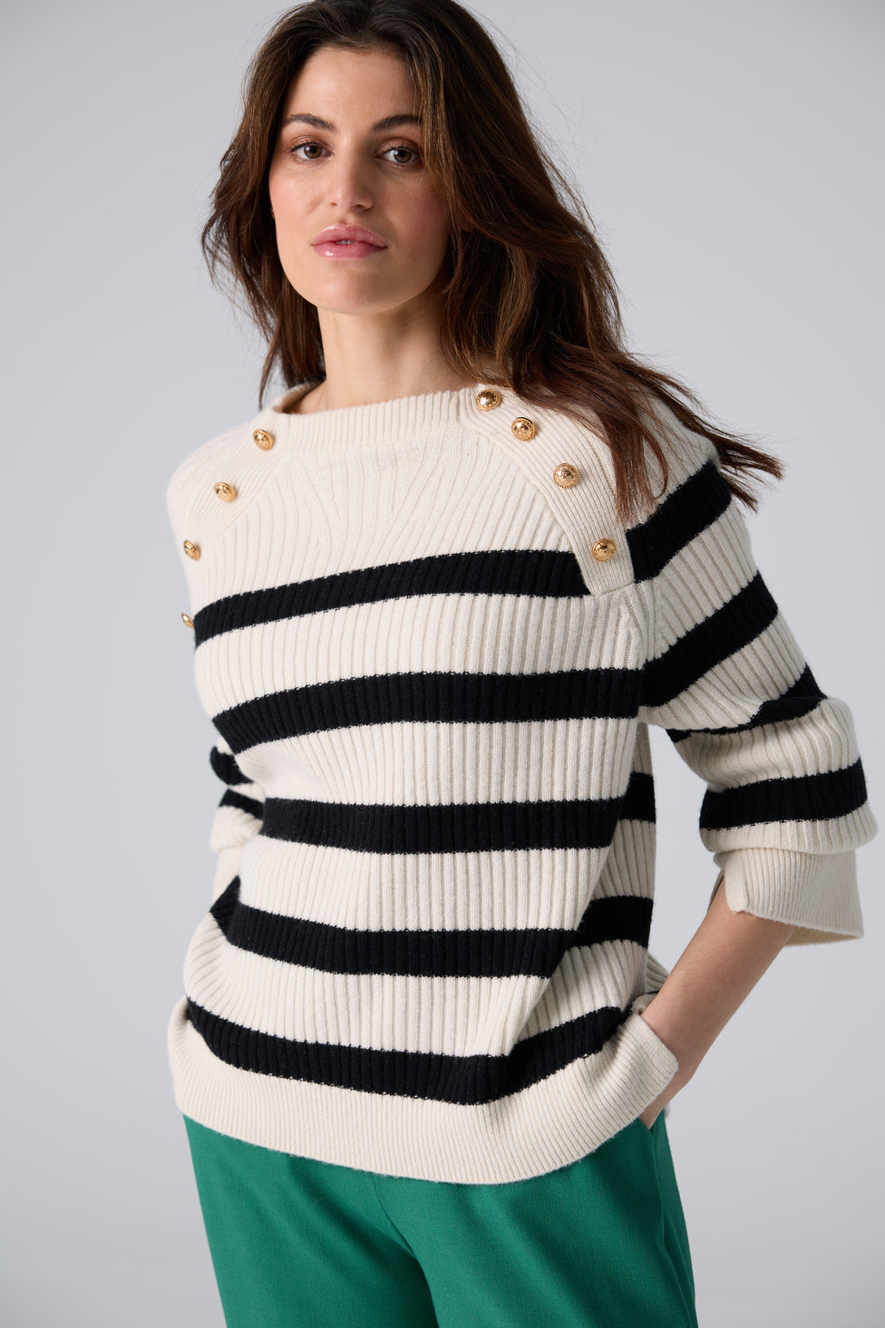 Boxy sailor stripe crew neck sweater with button detail