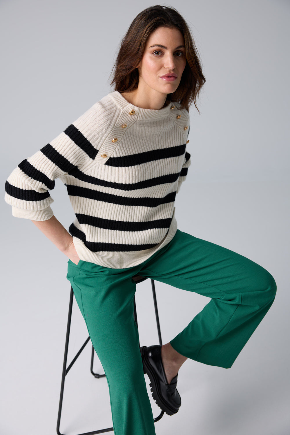 Boxy sailor stripe crew neck sweater with button detail