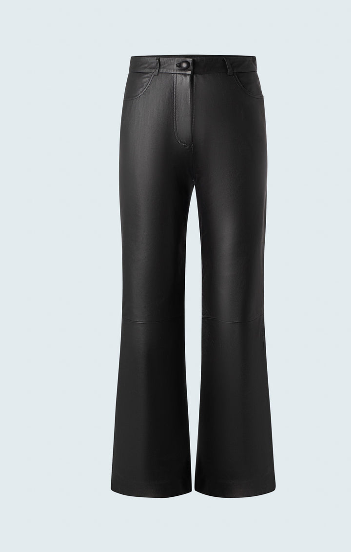 Straight leg leather trousers with cut at hem