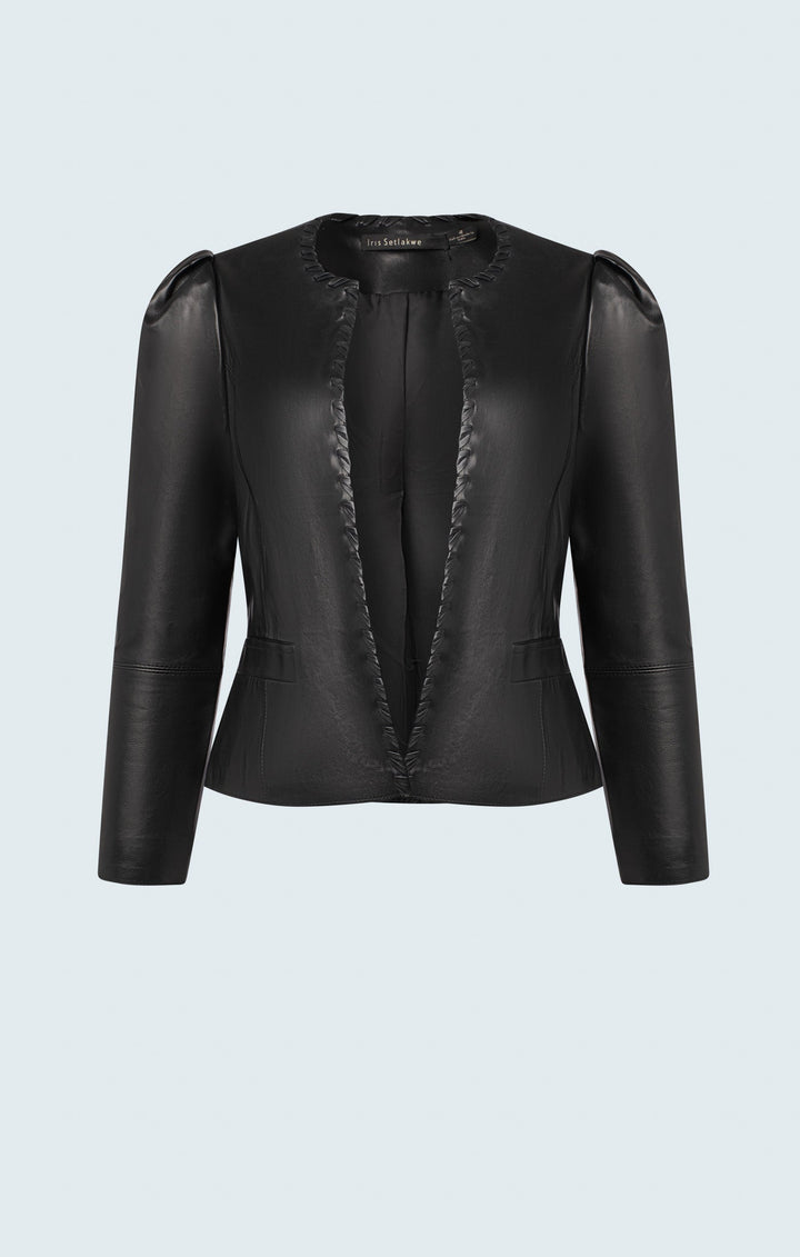 Lamb leather crop jacket with puffy sleeves