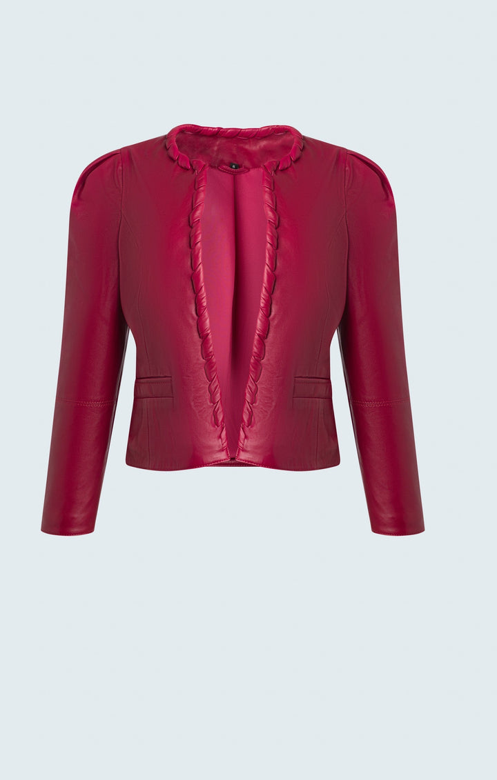 Lamb leather crop jacket with puffy sleeves