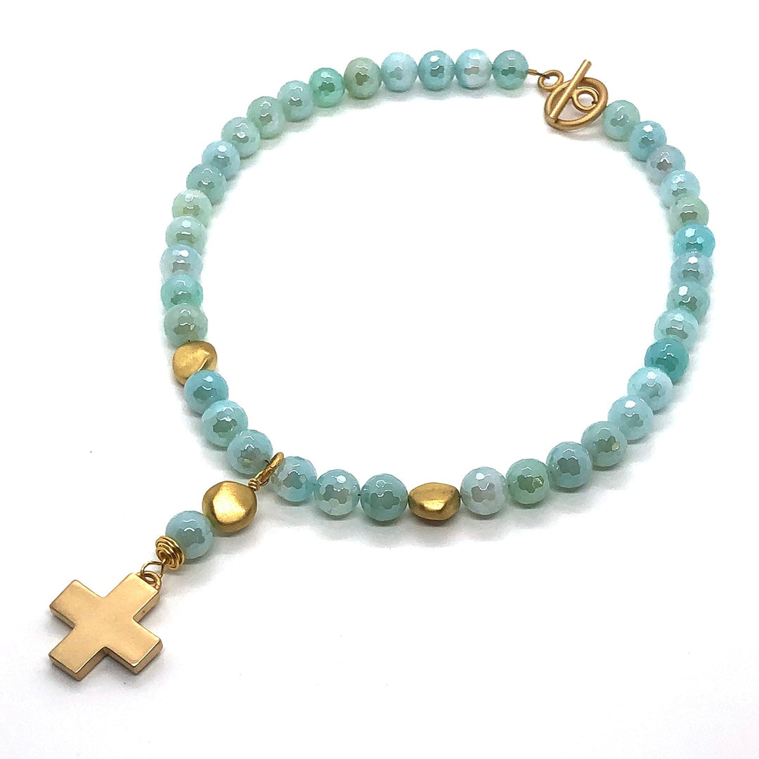 Aqua Glazed Agate Cross Necklace