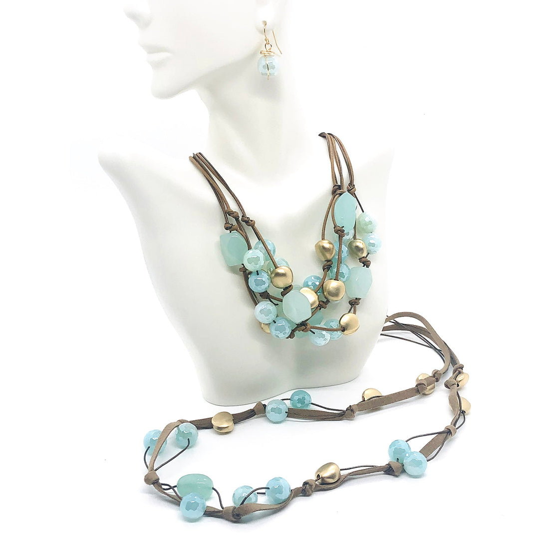 Aqua Quartz,Aqua Glazed Agate With Matte Gold Bead Bronze Leather And Linen 3 Strand Torsade Style Necklace And Layer