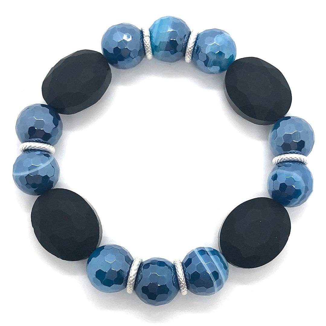 Blue Glazed Agate And Matte Black Crystal Stretch Bracelet