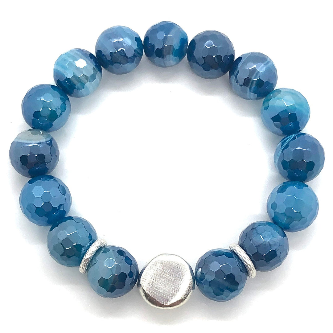Blue Glazed Agate Matte Silver Stretch Bracelet