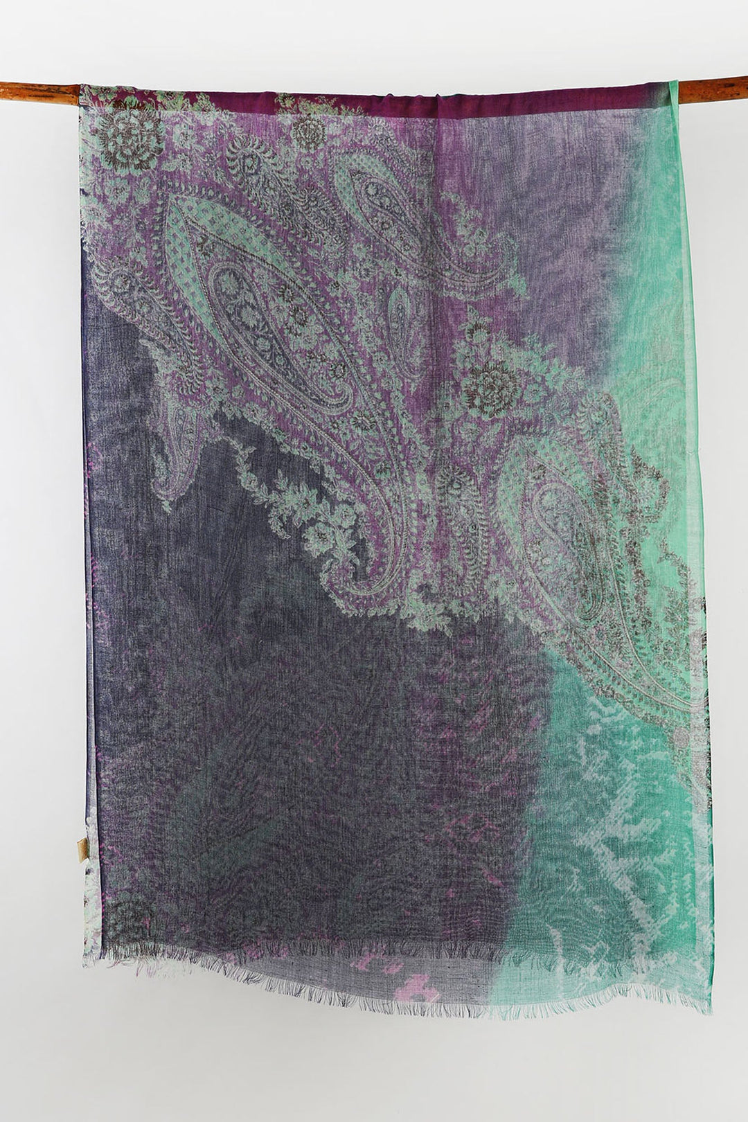 Navy and Aquamarine Paisley Printed Silk Cashmere Scarf