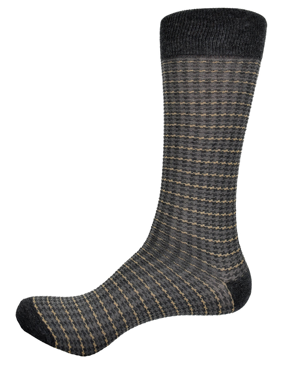 Subtle fashion in a tan, grey and charcoal mixed hounds tooth pattern.    Soft mercerized cotton. Classic timeless pattern. Mid calf height. Fits sizes 9 - 12. Sock by Marcello Sport