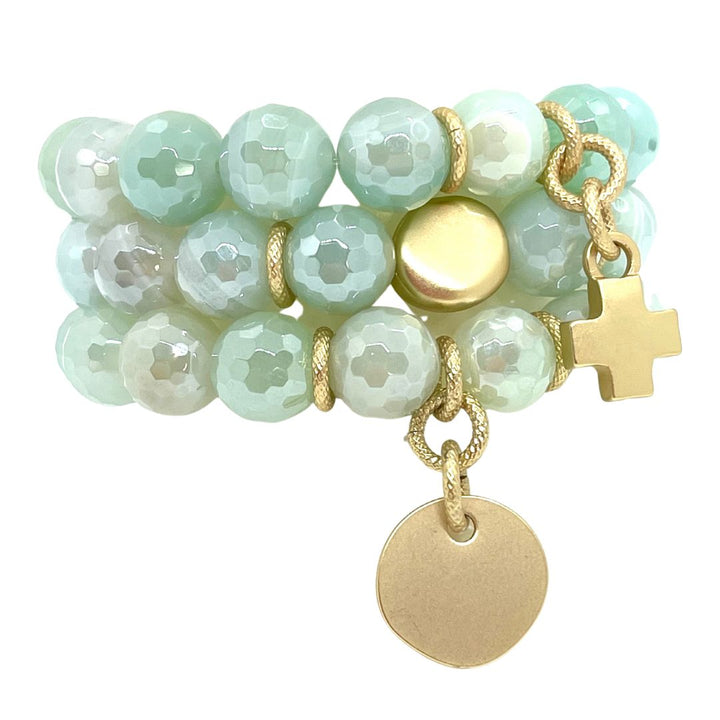 Aqua Glazed Agate Stretch Bracelet With Charm